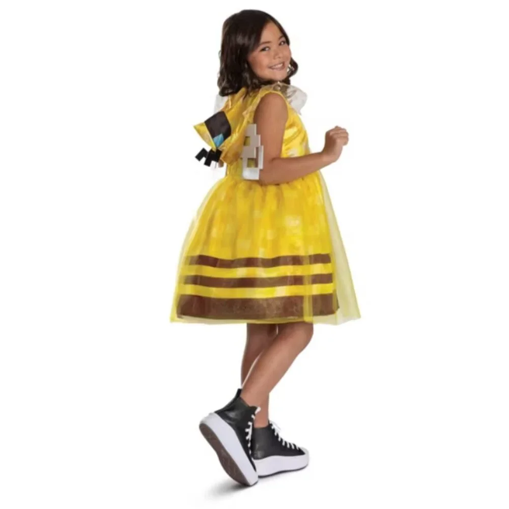 Minecraft Bee Halloween Costume 4/6 Yellow Hooded Dress & Wigs Kids Girls